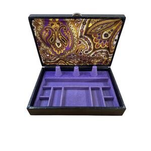 Vintage Buxton Jewelry Box Black Faux Croc Purple Velvet Paisley Mid Century MCM